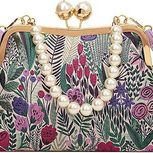 Women Vintage Floral Embroidered Top Handle Handbag Kiss Lock Elegant Clutch Pur